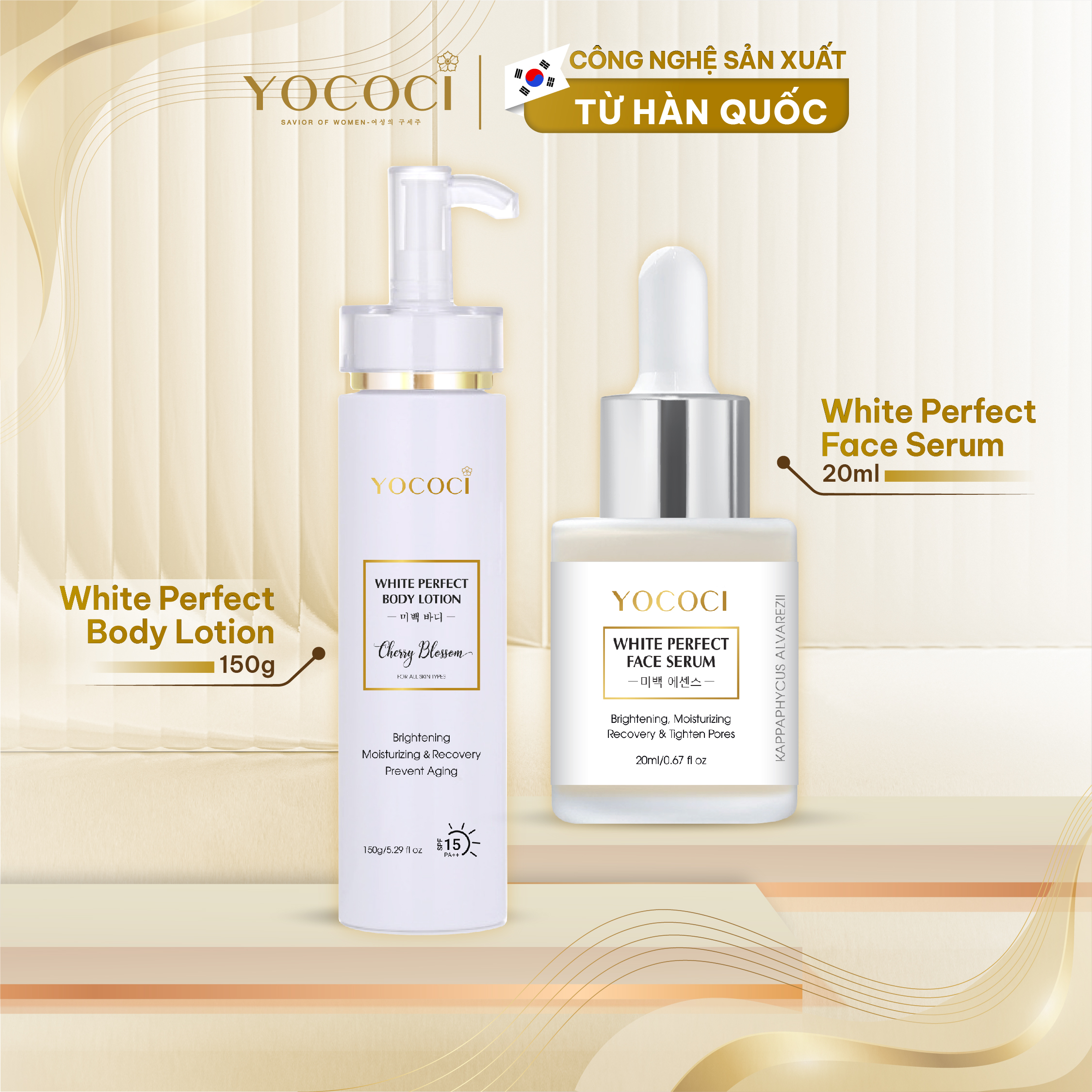 Bộ Dưỡng Trắng Da Mặt Và Body YOCOCI Gồm 1 Serum 20ml và 1 Kem Body 150g
