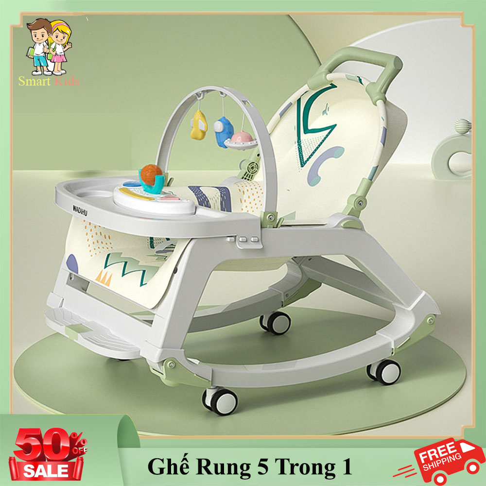 Ghế ăn dặm ghế rung nhún bập bênh có bánh xe tháo rời kết hợp đồ chơi 5 trong 1 sản phẩm .