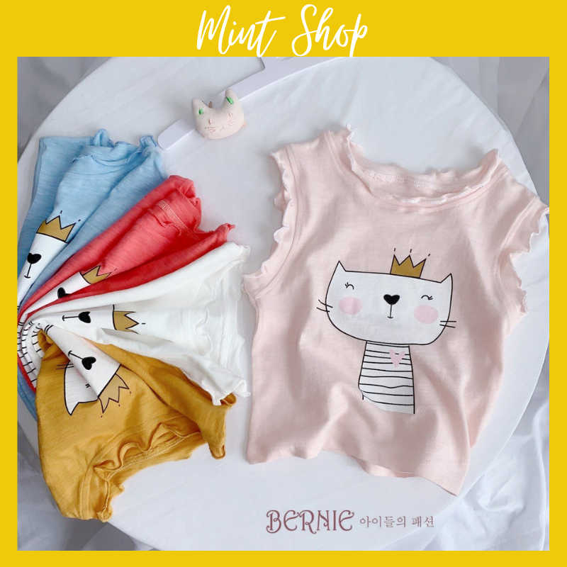 Áo thun bé gái, áo ba lỗ sát nách in hình mèo quấn bèo dễ thương cho bé gái size 9 - 22kg