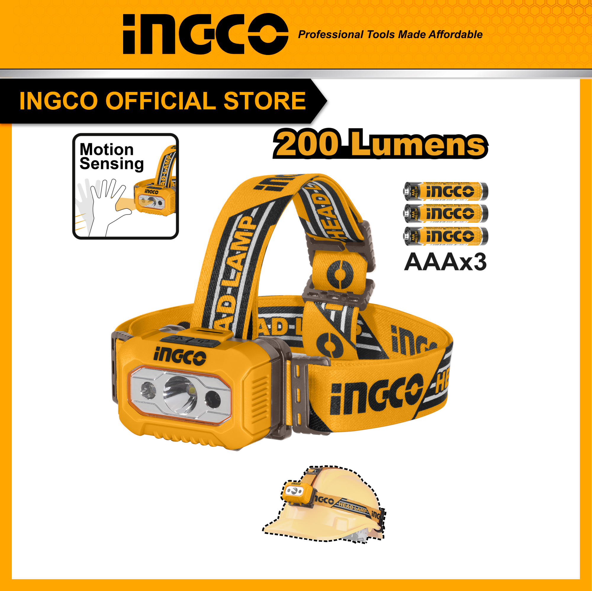 Đèn pin đội đầu dùng pin INGCO HHL013AAA8 độ sáng tối đa 200 lumen sáng thấp 100 lumen pin 3AAA khoảng cách chùm tia tối đa 91m