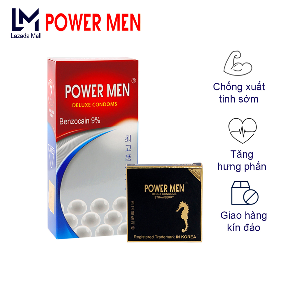 Bao cao su gân gai Powermen kéo dài thời gian quan hệ Hộp 12 Cái + Tặng BCS Hương dâu, gân gai, ngăn ngừa xuất tinh sớm