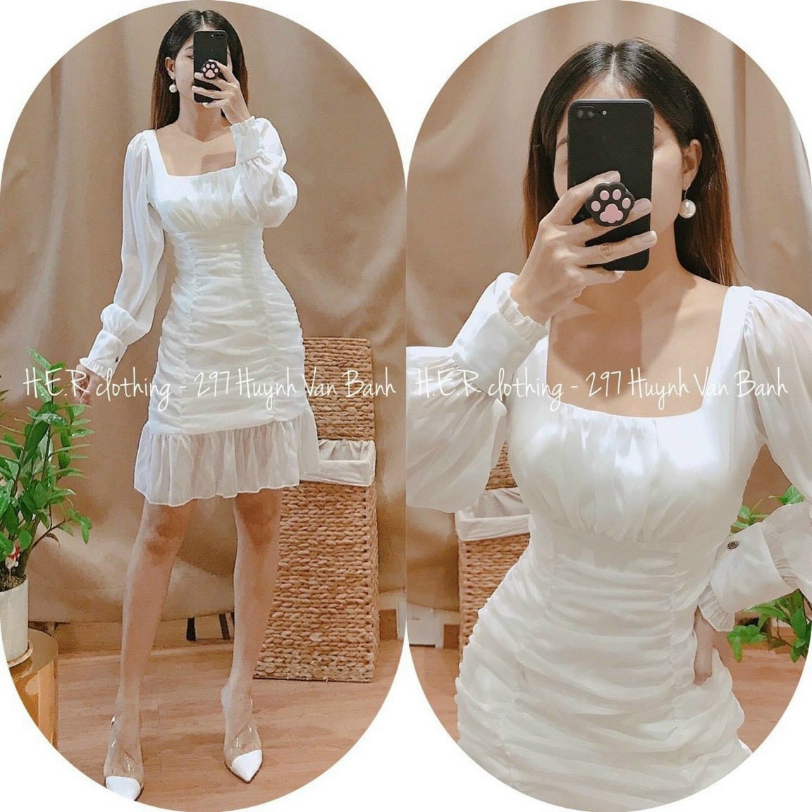 Đầm nữ váy trắng đuôi cá dự tiệc cưới 🌺 freeship 🌺 đầm tay dài cổ vuông thắt nơ lưng nhún bèo - lh119
