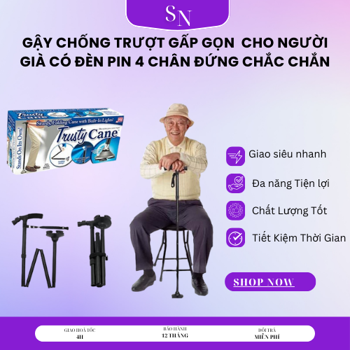Gậy Chống Trượt Gấp Gọn Cho Người Già Có Đèn Pin 4 Chân Đứng Chắc Chắn.Gậy chống cho người già, gậy chống trượt, gậy batoong, kết hợp đèn pin và tay vịn phụ