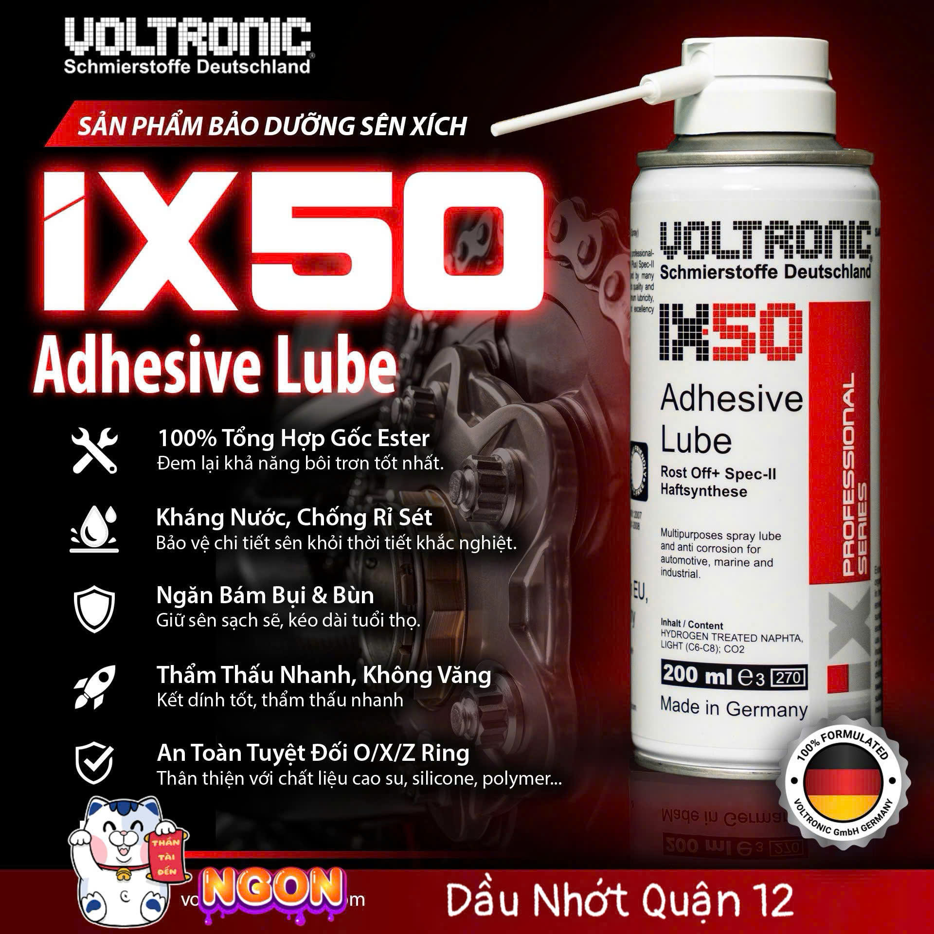 Chai Xịt Dưỡng Sên - Bôi Trơn Xích Voltronic Adhesive Lube IX50 200ML CHAIN LUBE ESTER 100% TỔNG HỢP