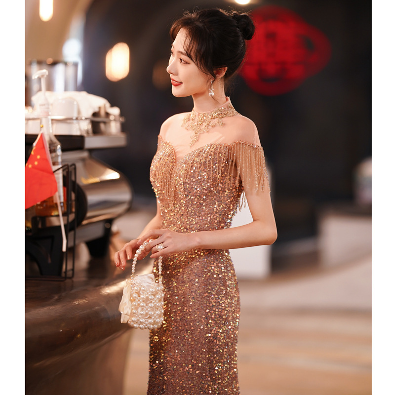 Bộ váy váy dạ hội đính sequin váy dạ hội dài dạ hội đuôi cá mẫu mới nữ