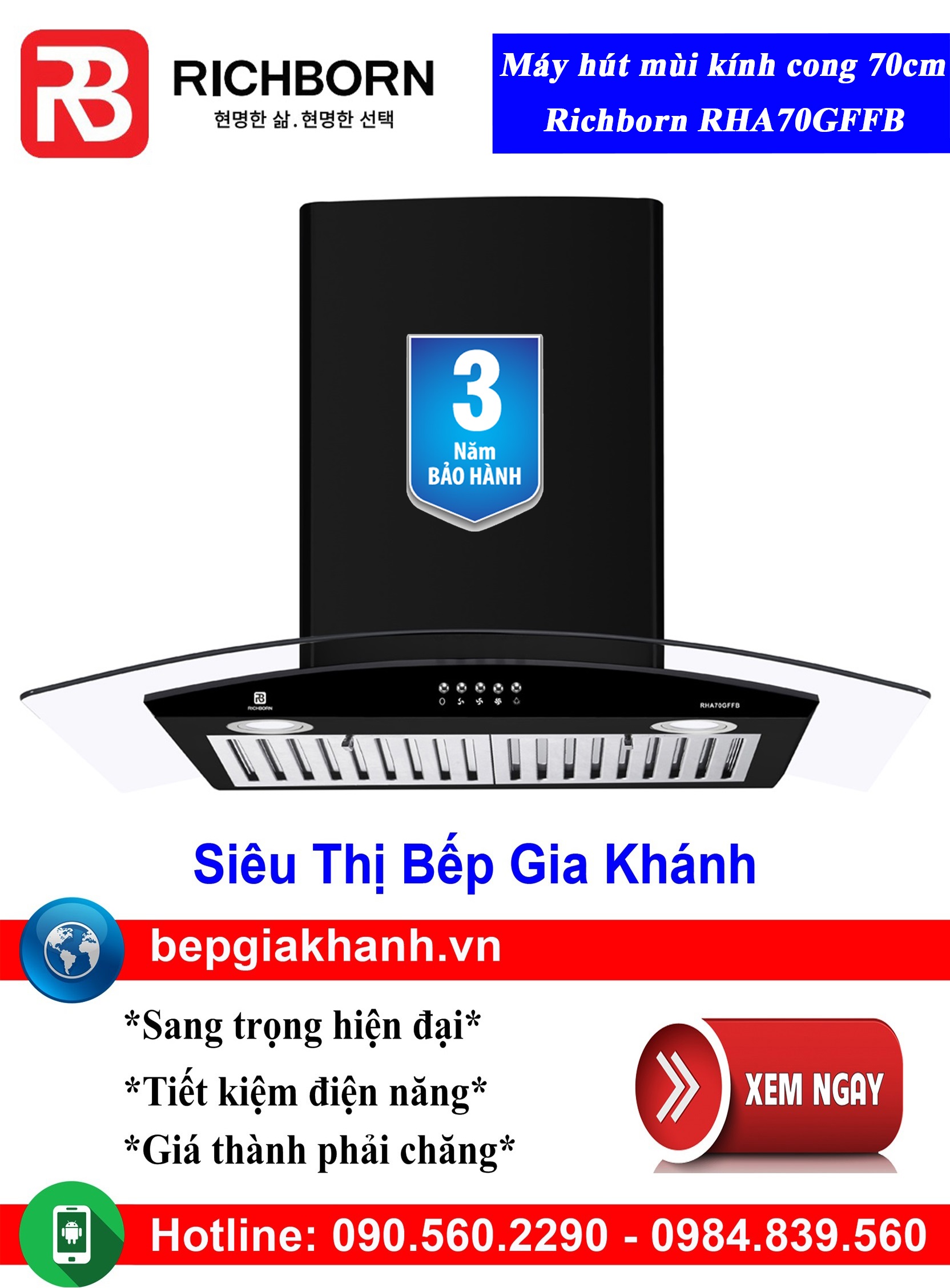 [HCM]Máy hút mùi kính cong 70cm Richborn RHA70GFFB, máy hút mùi nhà bếp, máy hút mùi bếp, máy hút mùi kính cong, máy hút mùi canzy, máy hút mùi mini, máy hút mùi âm trần, máy hút mùi electrolux, may hut mui