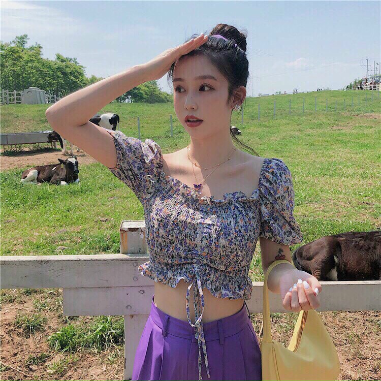 [HCM]ÁO RÚT DÂY TRỄ VAI CROPTOP HOA NHỎ SIÊU XINH MTB