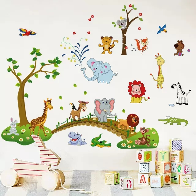 Decal dán tường trang trí trẻ em: Combo động vật vui chơi bên dòng sông