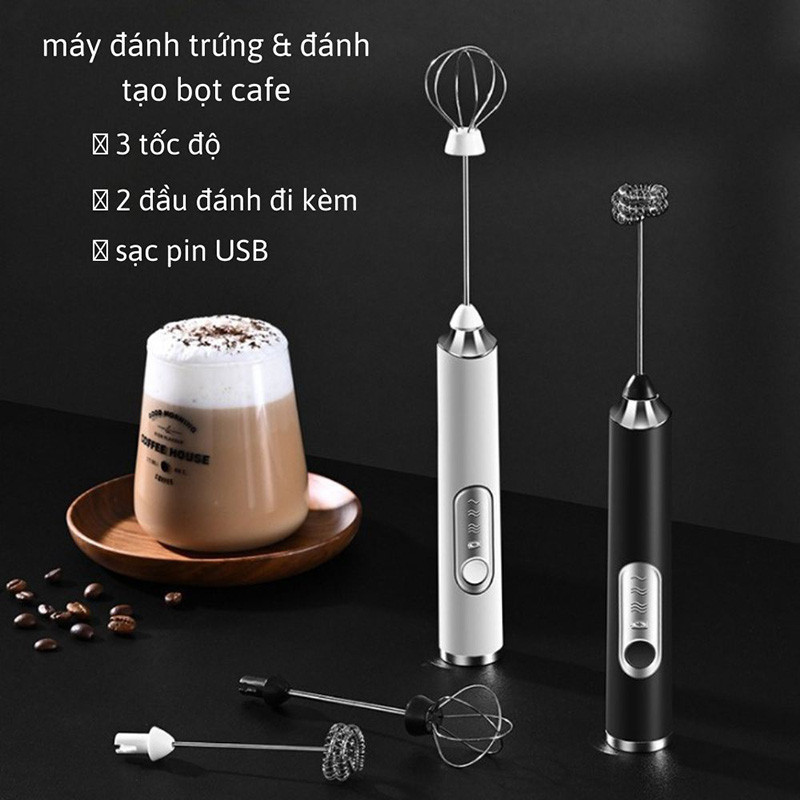 Máy Đánh Trứng Tạo Bọt Cafe 2 Đầu Sạc USB 3 Cấp Độ - Dụng Cụ đánh trứng tạo bọt cafe cao cấp