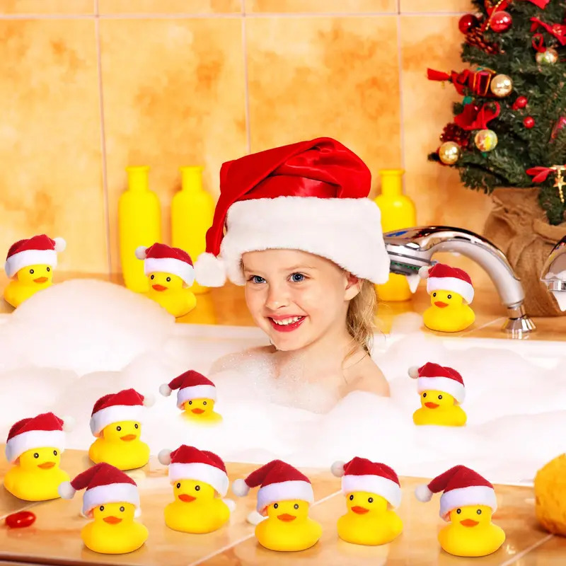 24/36/48 Pcs Christmas Rubber Ducks with Christmas Hats Small Bathtub Yellow Ducks Bath Toys for Baby Shower Holiday Decor Xmas