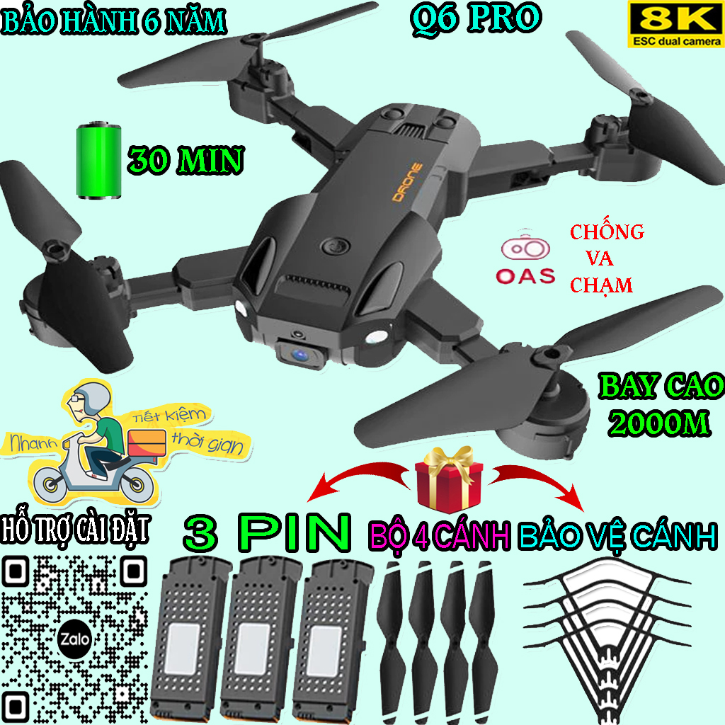 Flycam Giá Rẻ Drone Mini Q6 PRO MAX - Máy Bay Điều Khiển Từ Xa 4 Cánh - Drone 8K Camera kép HD ECS 360 độ Tránh chướng ngại vật bằng laser UAV GPS Quadcopter Động cơ không chổi than PRO Drone 5G WIFI