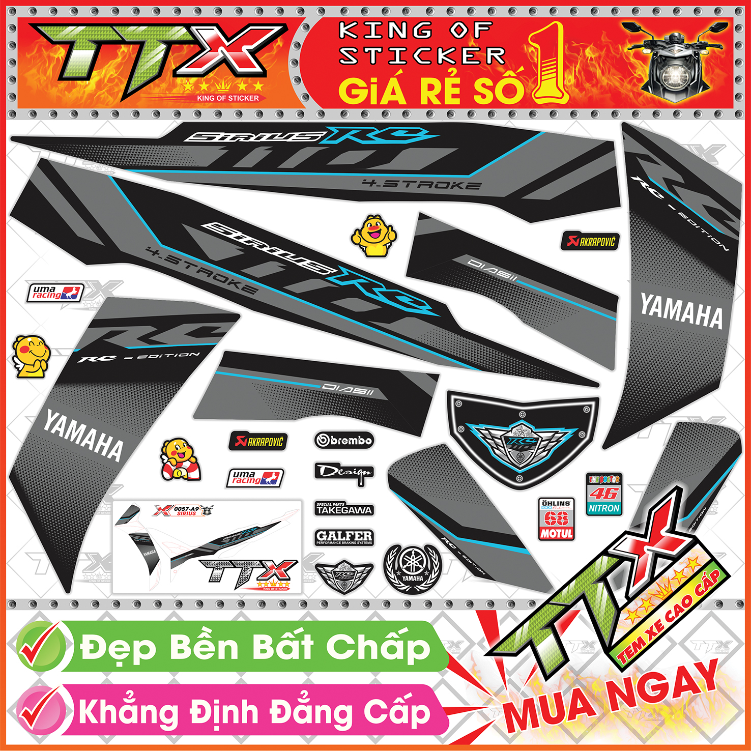 Tem Xe Sirius RC Xám Đen Xanh Ngọc - Tem Sirius 110 Xanh Xám Đen Siêu Đẹp - Mẫu Team Sirius Đen Xám Ngọc