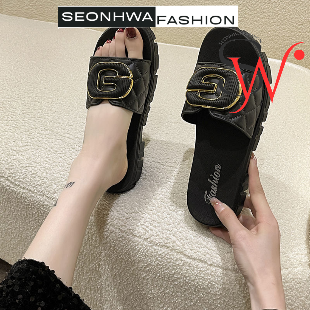 Dép sandal nữ quai ngang chữ G phong cách SEONHWA cao 3cm thời trang sang chảnh hiện đại G2389 - 2
