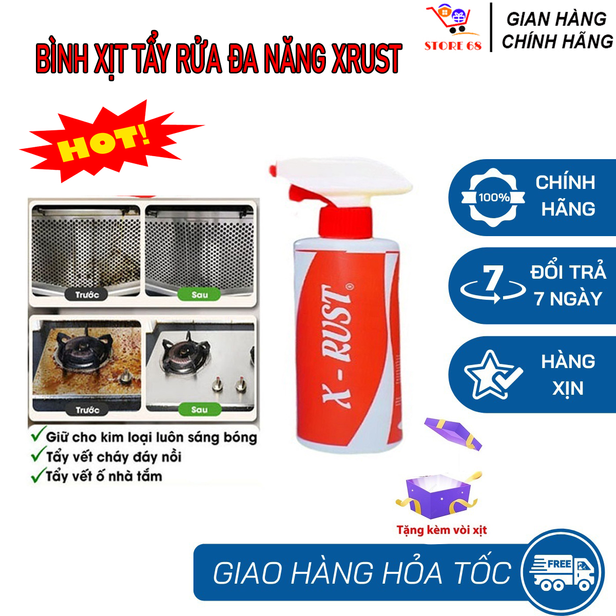[FREE SHIP] Chai xịt tẩy rửa nhà bếp đa năng XRUST, nước tẩy rửa bồn cầu, tẩy kính, gương, kim loại, làm mới đồ vật, dung dịch tẩy rửa đánh bay mọi vết bẩn mùi thơm dễ chịu