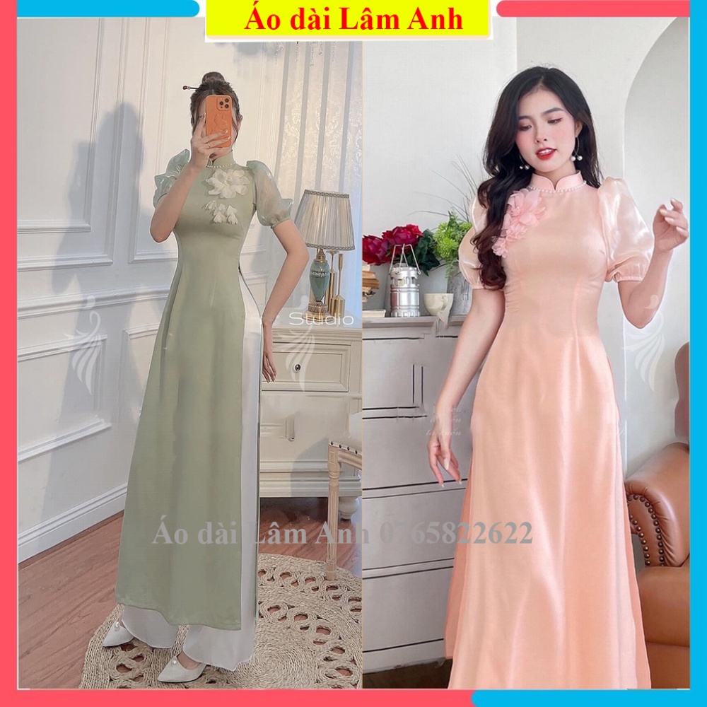 Áo dài cách tân chất lụa tây thi tay bồng đính hoa ngực von tơ bo chun- áo dài đính hoa ngực lụa tây thi