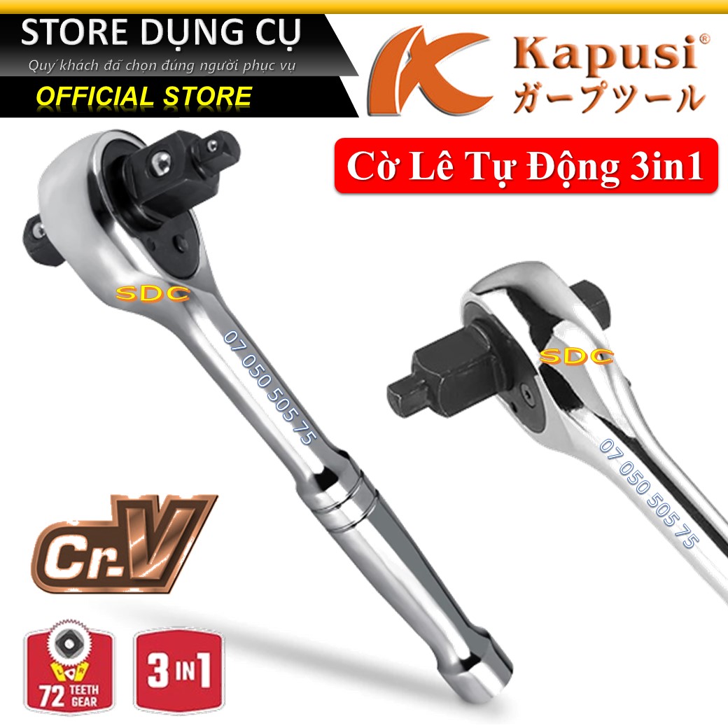 Cần siết lực tự động 3 đầu 1/4 3/8 1/2 kapusi k-7866 japan | cần siết lắc léo đảo chiều 3 trong 1 cao cấp