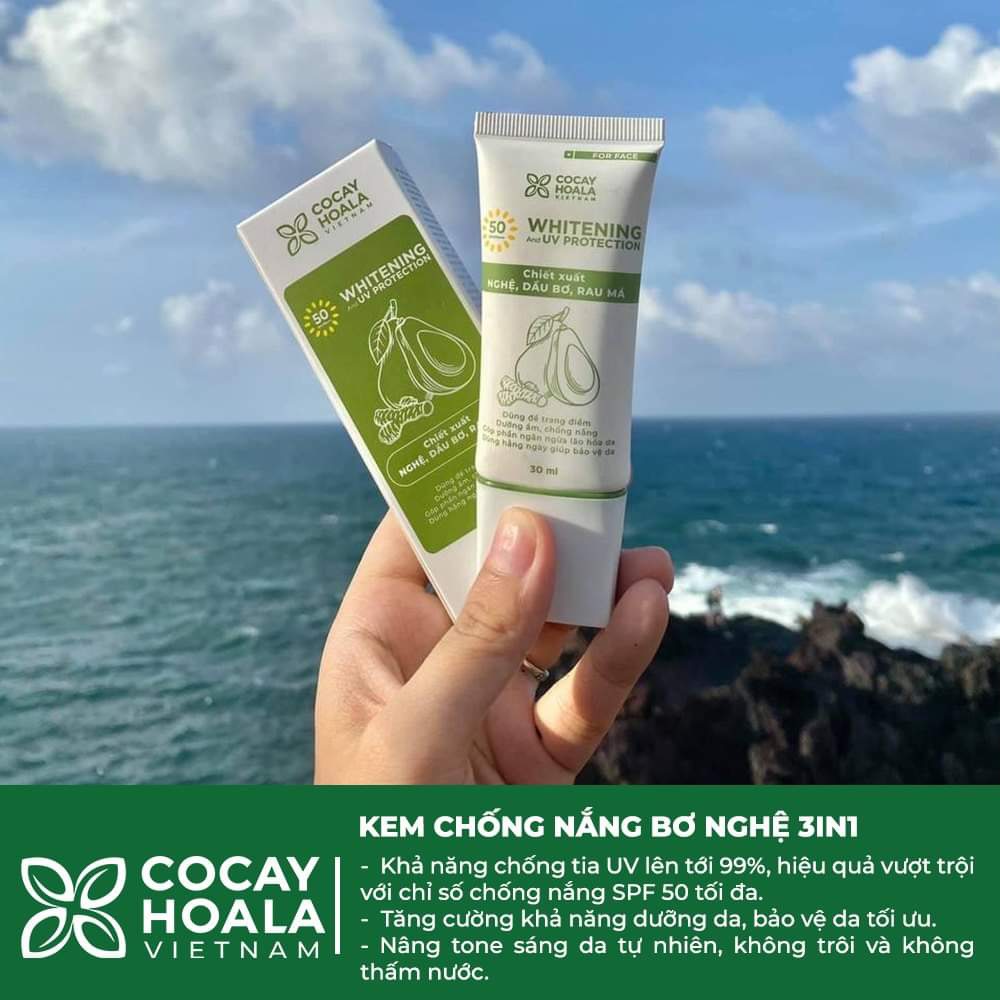 Kem chống nắng SPF 50+A+++ bơ nghệ 3 in 1 chống nắng, nâng tông, kiềm dầu dưỡng da, kết hợp chống nắng vật lý và hóa học tối ưu bảo vệ làn da trắng hồng mịn màng_ KCN1_CocayHoala + tặng sữa rửa mặt mini 45K.