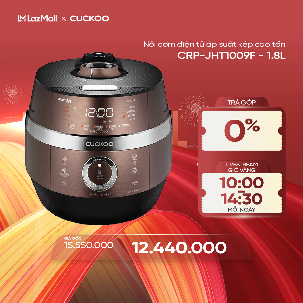 Nồi cơm điện tử áp suất cao tần Cuckoo 1.8 lít CRP-JHT1009F - Tùy chọn nấu áp suất và không áp suất, lòng nồi chống dính Xwall - Hàng chính hãng