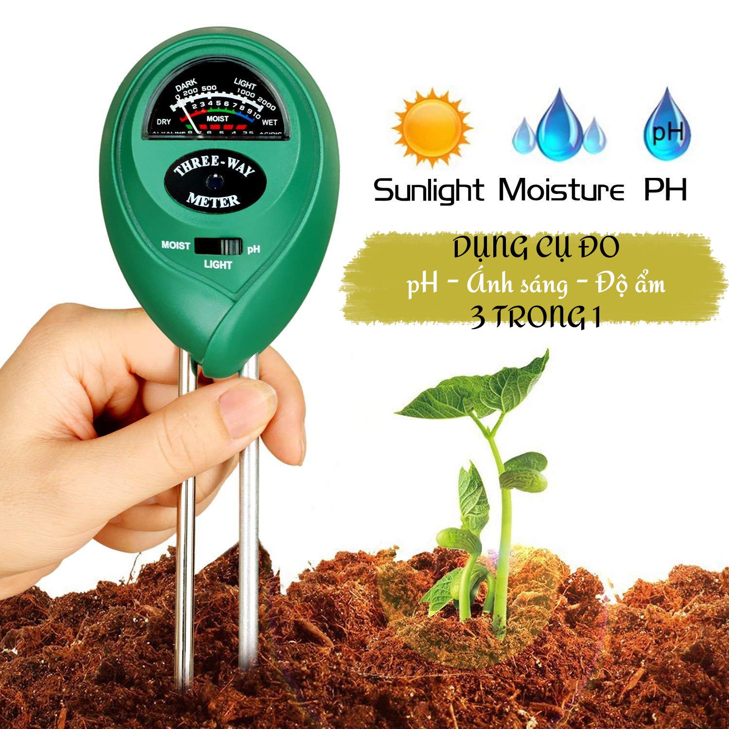 [HCM]Máy đo độ PH độ ẩm của đất đo ánh sáng chính xác đến độ +- 0.1pH đồng hồ hiển thị dạng cơ học