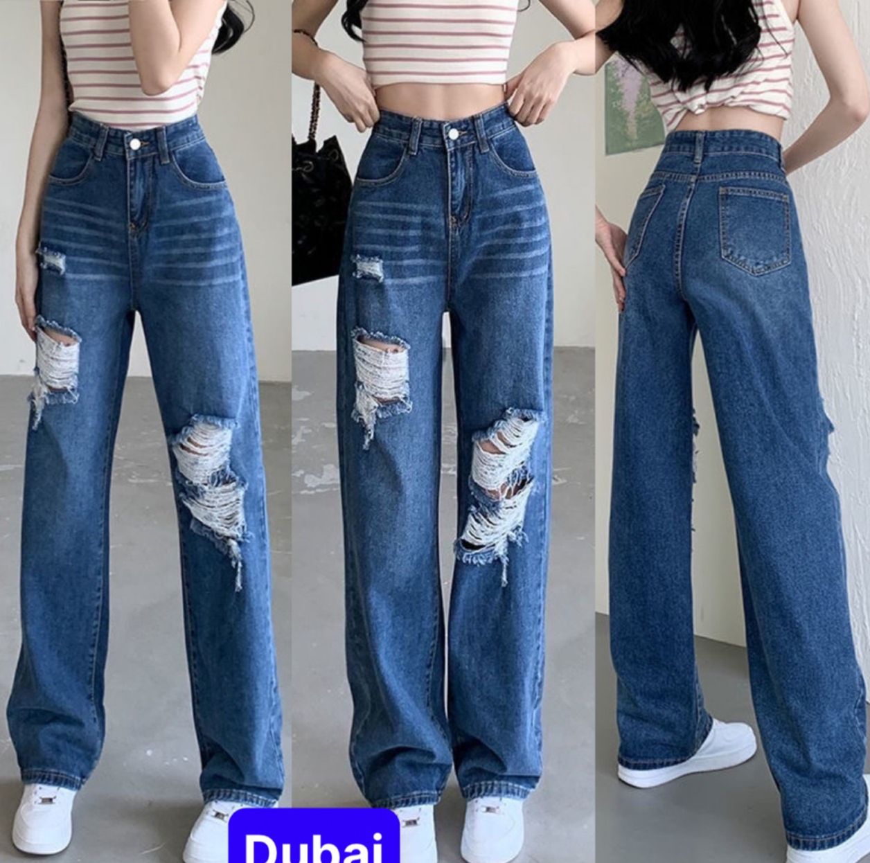 Quần jean ống suông rộng màu xanh đen rách cơ bản cạp lưng cao nâng mông phong cách  sành điệu - Dubai Fashion