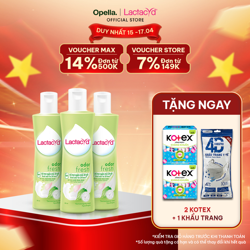 Bộ 3 chai Dung Dịch Vệ Sinh Phụ Nữ Lactacyd Odor Fresh Ngăn Mùi 24H 250ml/chai