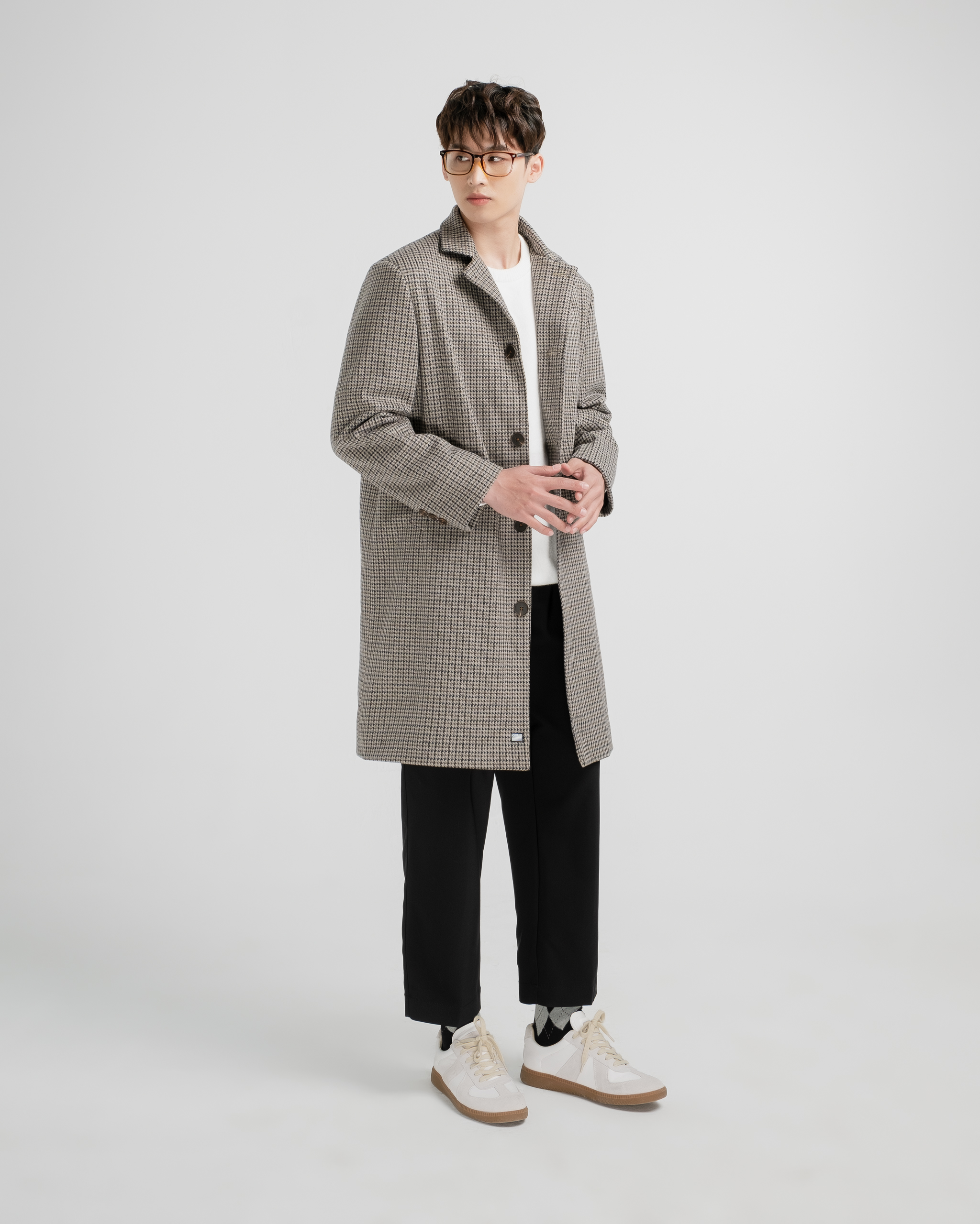 Áo khoác măng tô dáng dài nam SSSTUTTER chất liệu dạ kẻ Hàn Quốc ấm áp royal coat