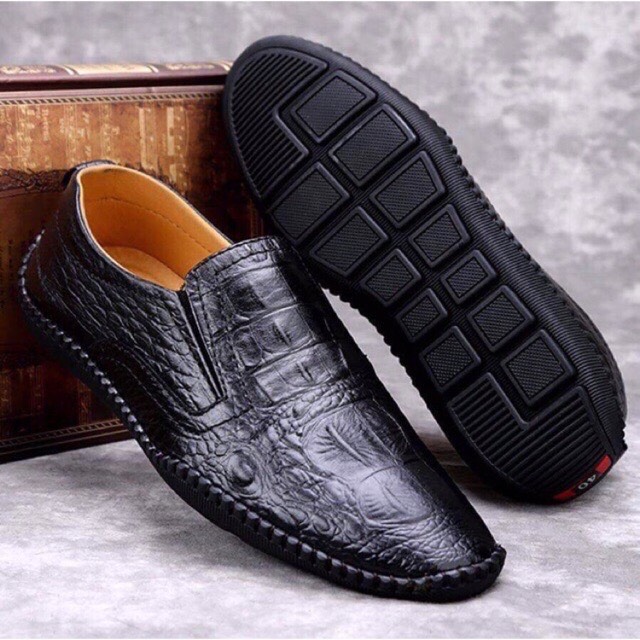 Giày mọi nam da bò/Giày nam da bò vân cá sấu-Tặng kèm lót giày da, chất da mềm được phủ nhẹ nhàng tinh tế, sang trọng,độc đáo