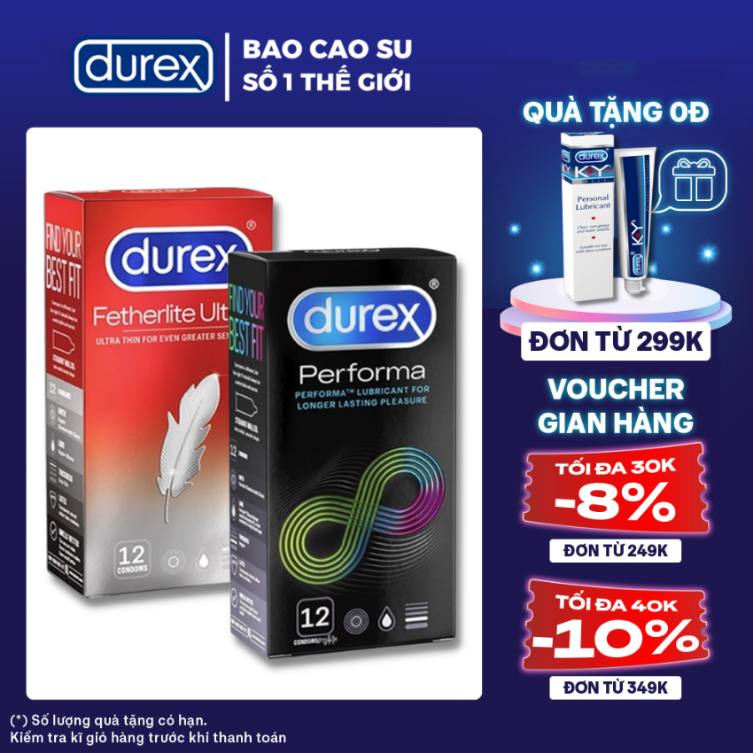 2 Hộp Bao cao su nam nữ Durex Performa kéo dài thời gian quan hệ + Durex Fetherlite Ultima siêu mỏng [Che tên SP 100%]