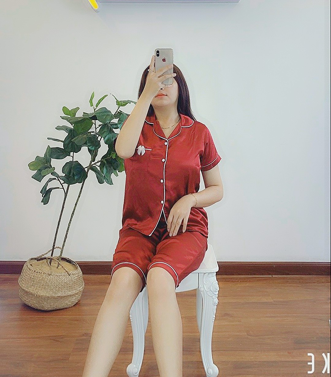 Đồ bộ pizama phi lụa lửng nơ mặc nhà
