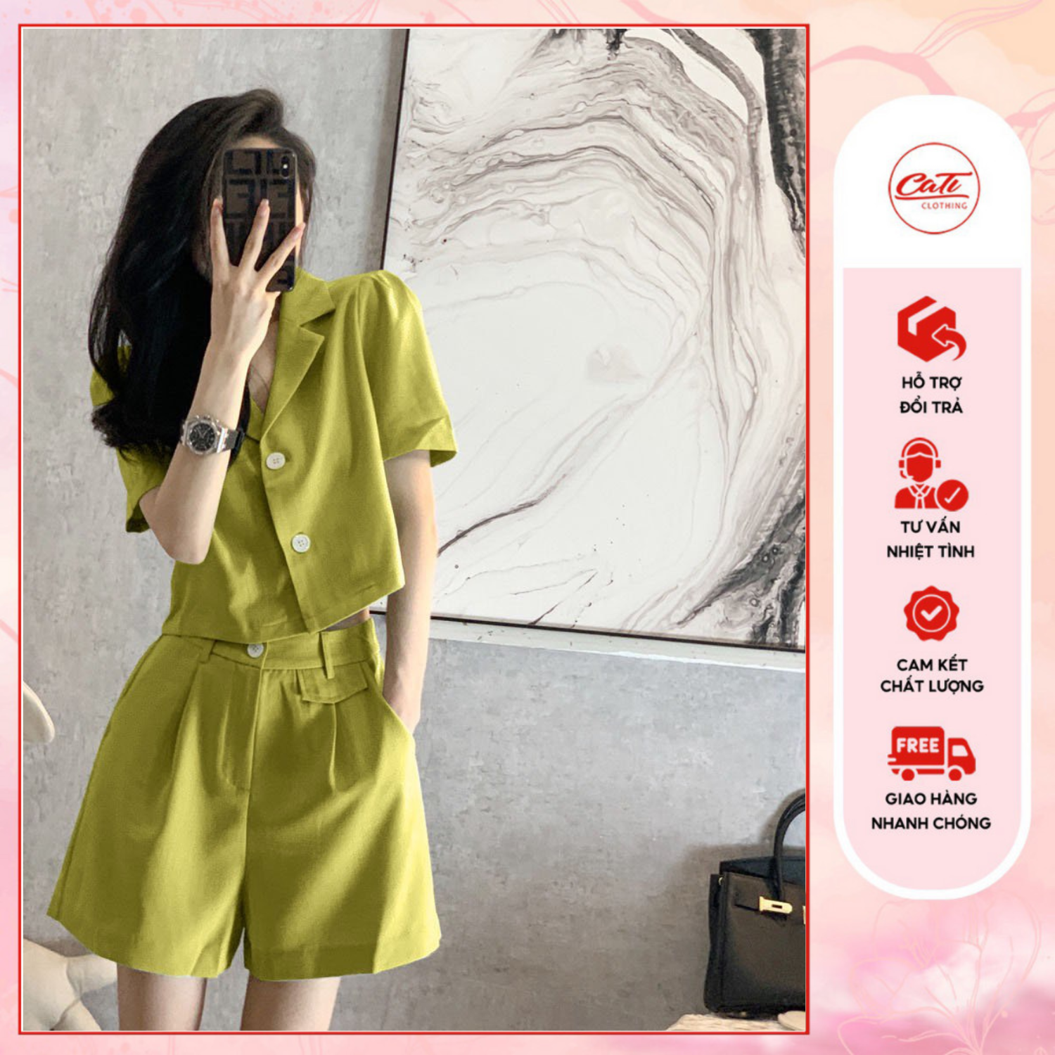 CATI Set : Áo cổ vest dáng croptop+ quần đùi