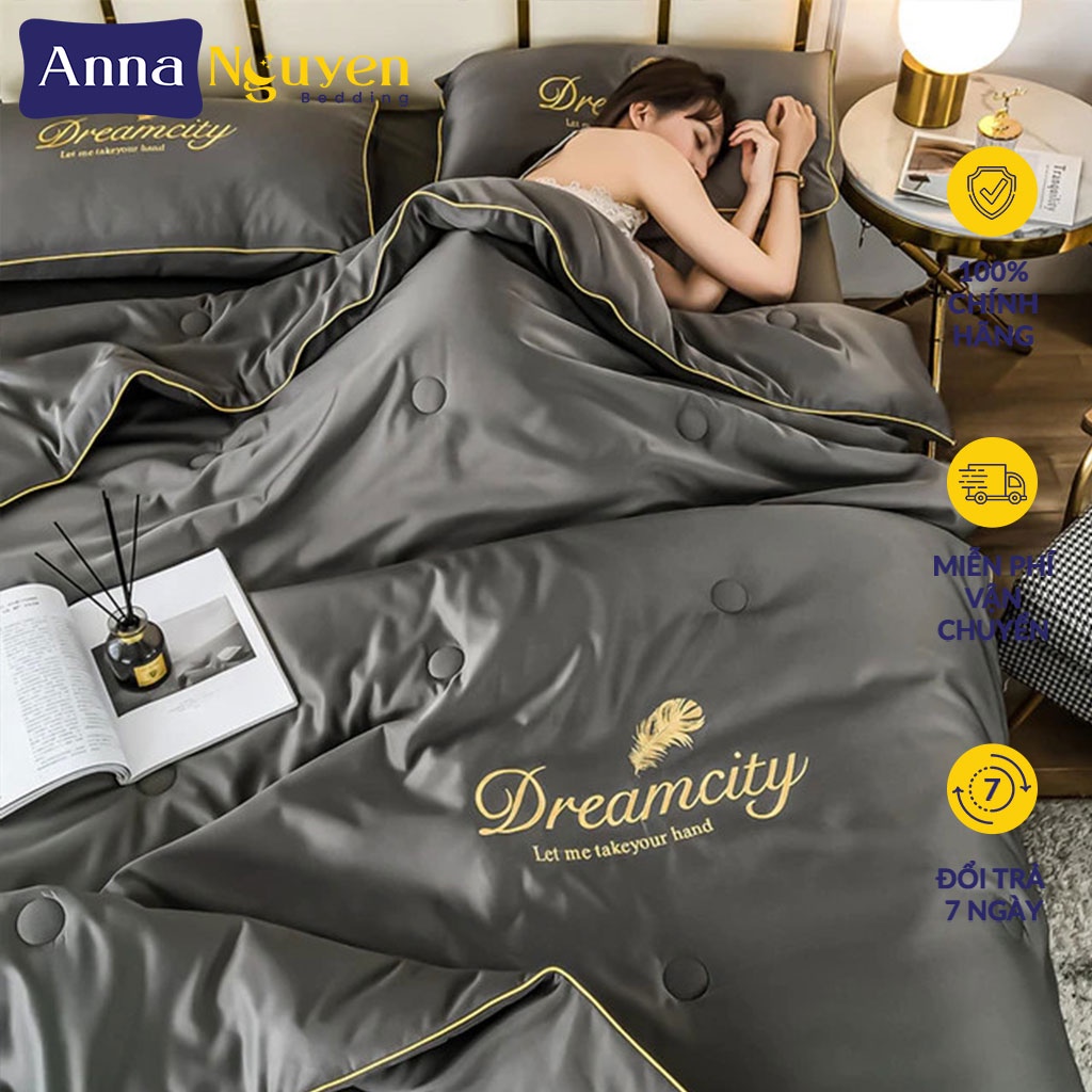 Bộ chăn ga gối cotton lụa tencel drap giường phi bóng cao cấp bo chun drap - anna nguyen bedding