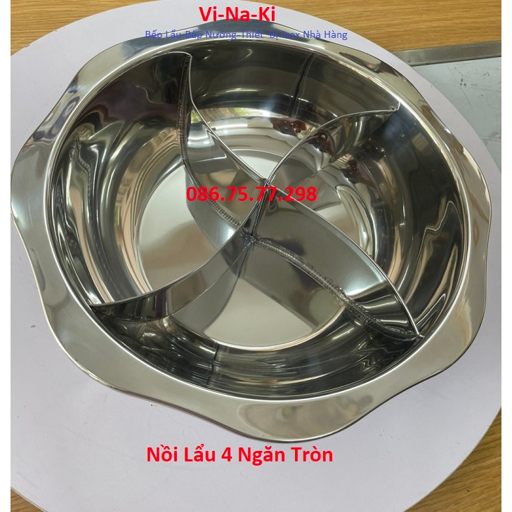 Nồi lẩu 4 ngăn tròn, xoong nấu lẩu tròn 4 đáy, nồi inox tròn bếp từ âm bàn, nồi lẩu inox bếp từ tròn 4 ngăn