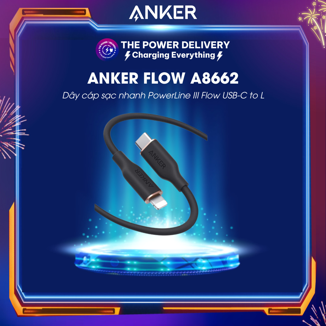 Dây Cáp Sạc Anker A8662 0.9m và A8663 1.8m PowerLine III Flow Usb-C-Lightning dành cho iPhone iP Xs Max Xr 11,12,13 Seri