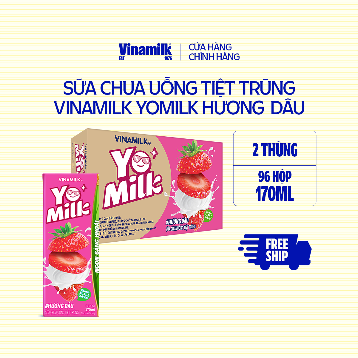 2 Thùng sữa chua uống hương dâu Yomilk - hộp giấy x 170ml 48 hộp/thùng