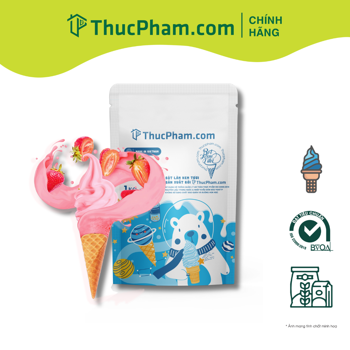 Bột Làm Kem Tươi THUCPHAM.COM Vị Dâu 1kg - Công Thức Độc Quyền Hương Vị Mới, Không Gắt, Không Hắc