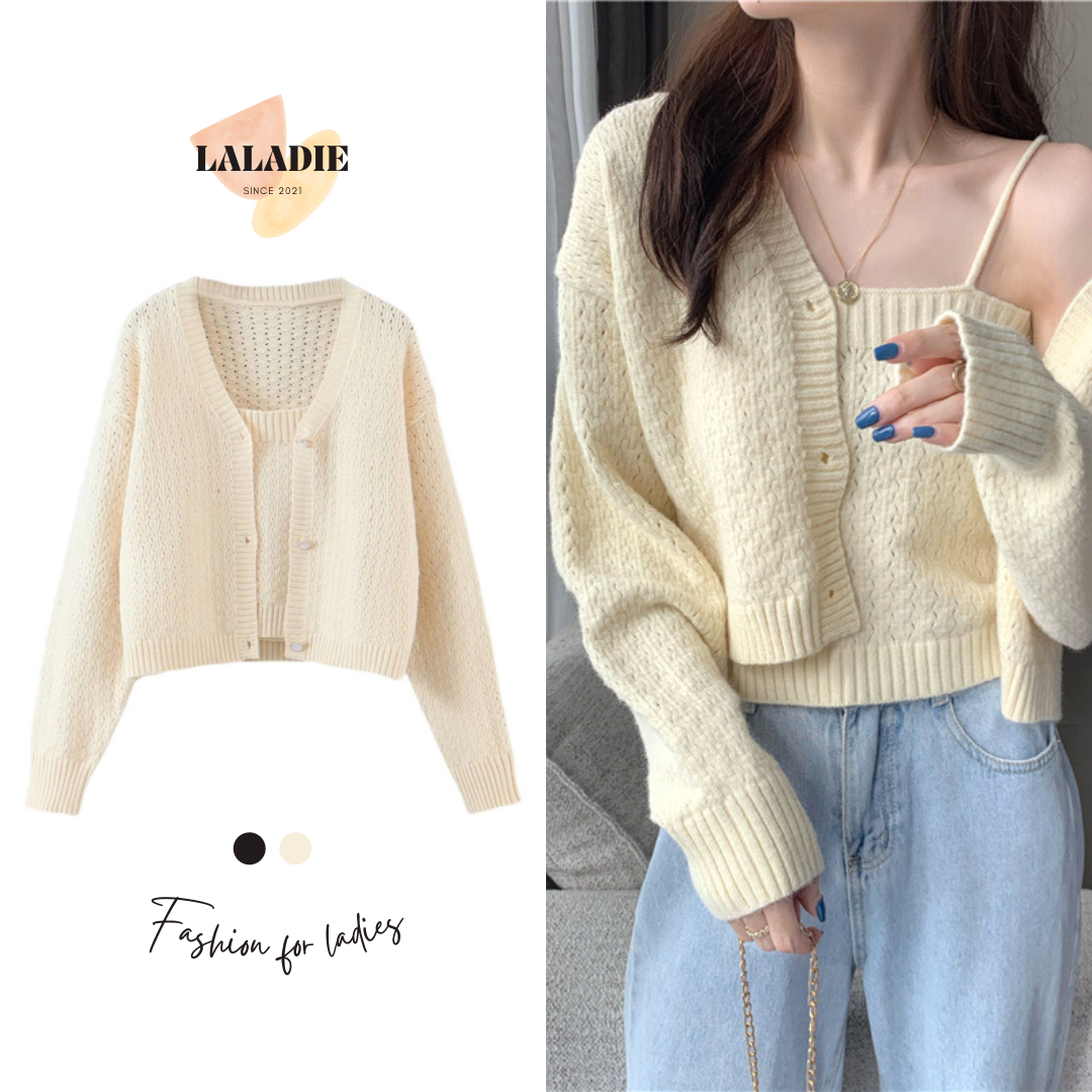 Set áo khoác len cardigan laladie kèm áo 2 dây dáng croptop trơn vintage s003