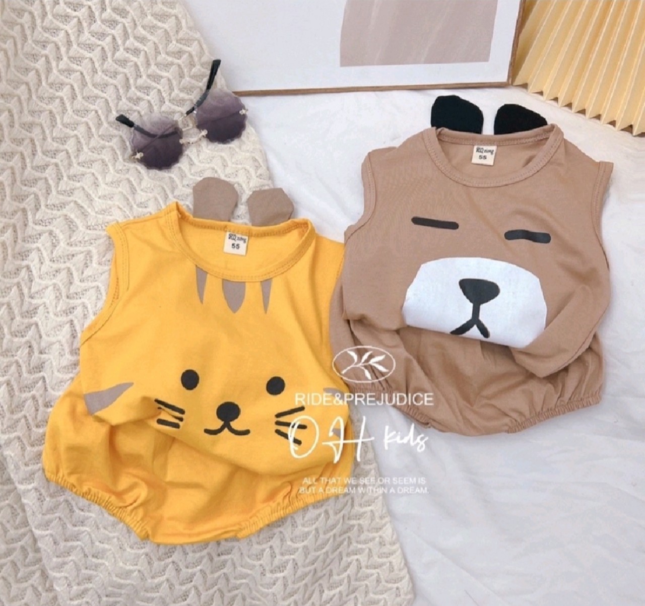 Bộ Quần Áo  Ba lỗ cho bé,hoạ tiết in hình thú có tai ngộ ngĩnh,chất liệu cotton 100% mềm mại cho bé