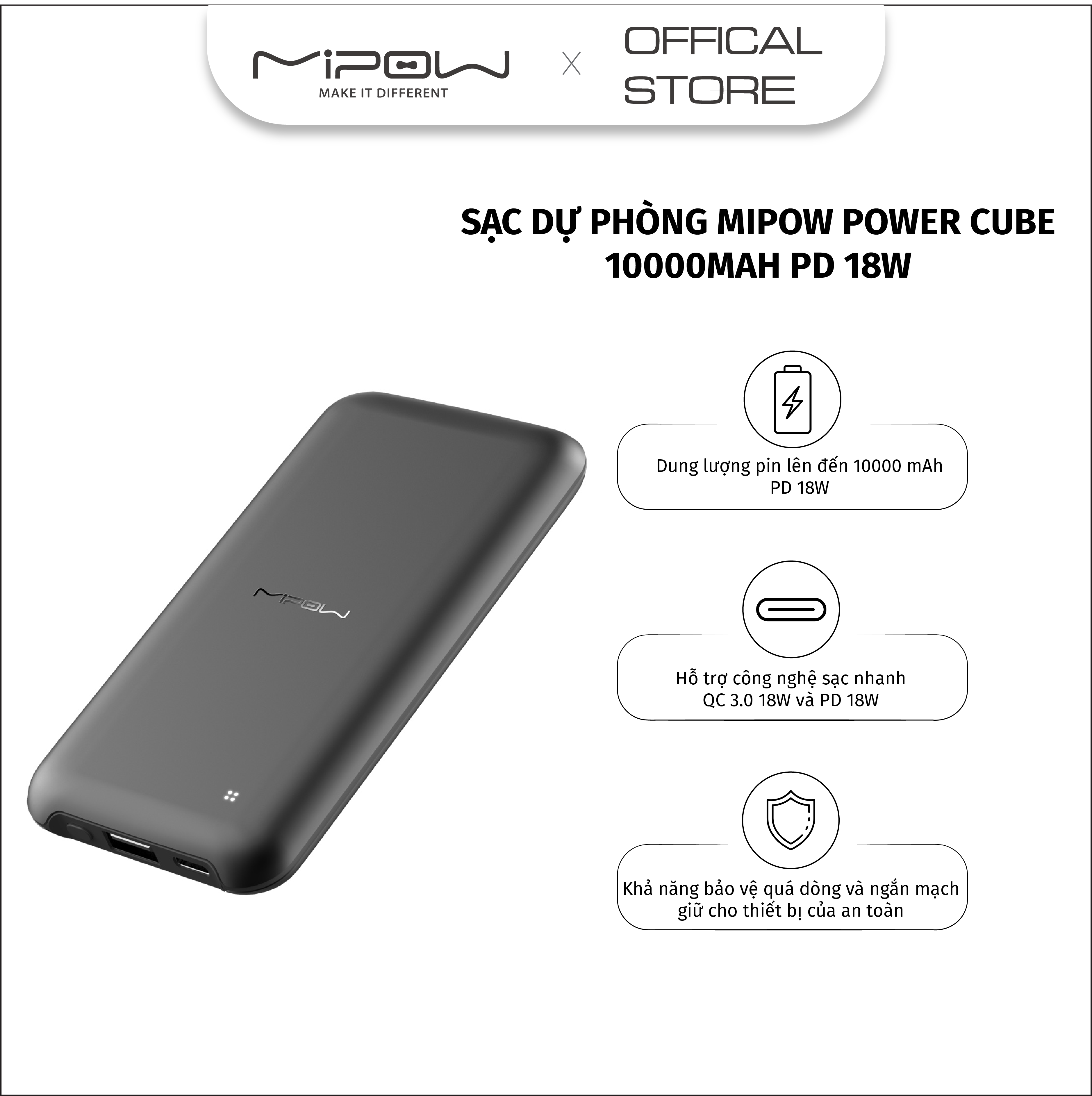 Sạc dự phòng mipow power cube 10000 mah pd 18w -