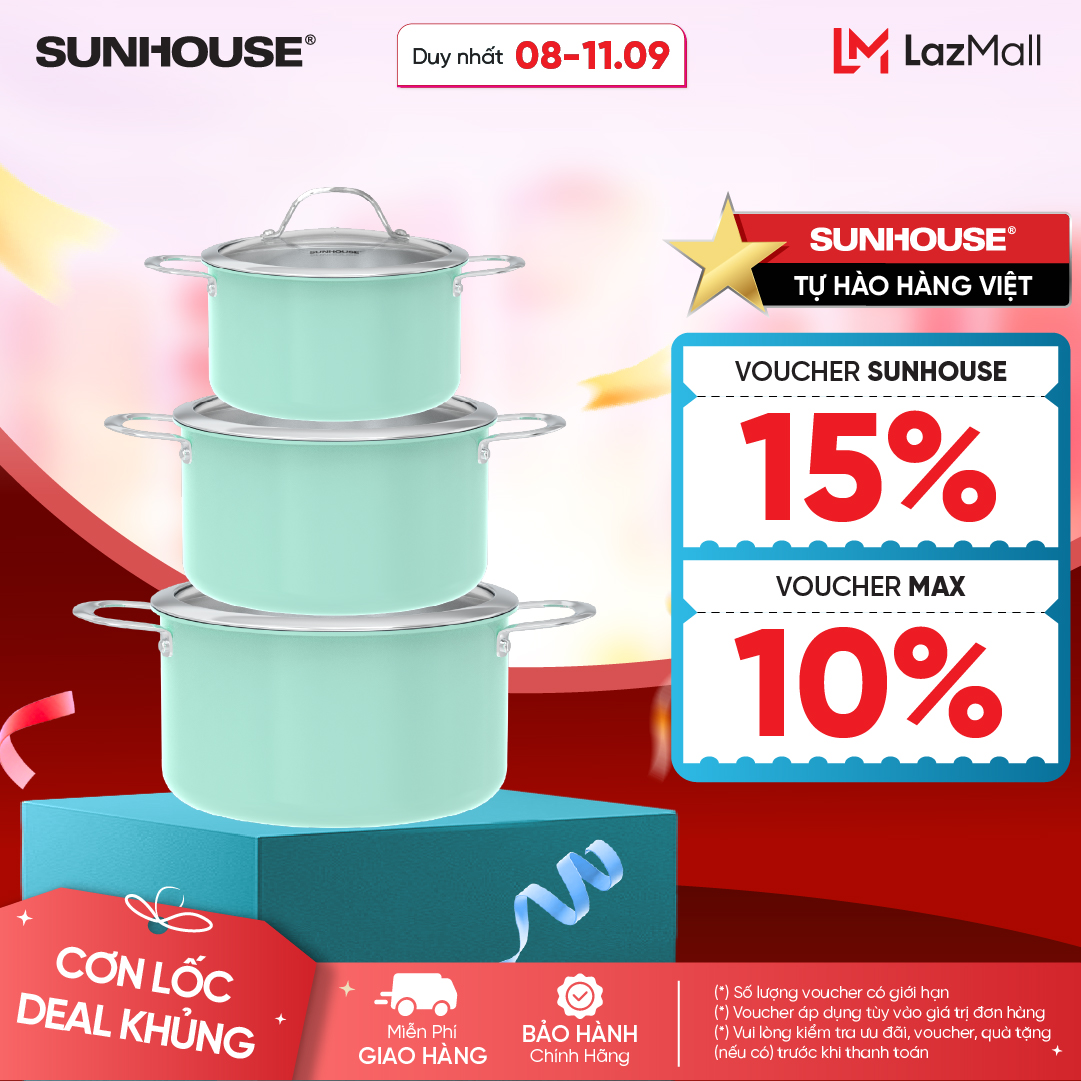 Bộ nồi inox đa lớp Sunhouse Mama SHG708 - 16/20/24cm - 3 lớp nguyên khối - An toàn chống oxy hóa - Dùng mọi loại bếp