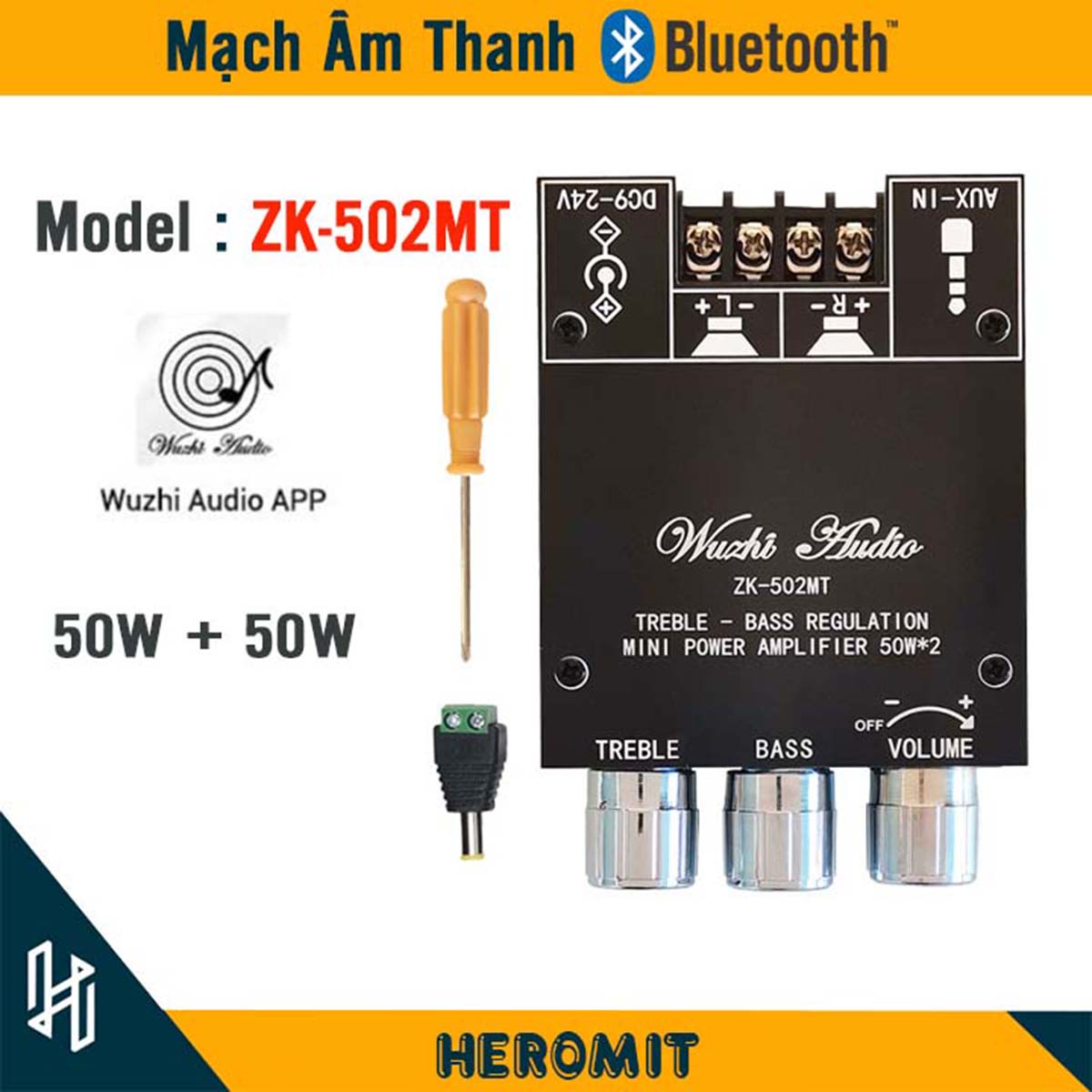 Mạch khuếch đại âm thanh bluetooth wuzhi zk-502mt 2 kênh 50w