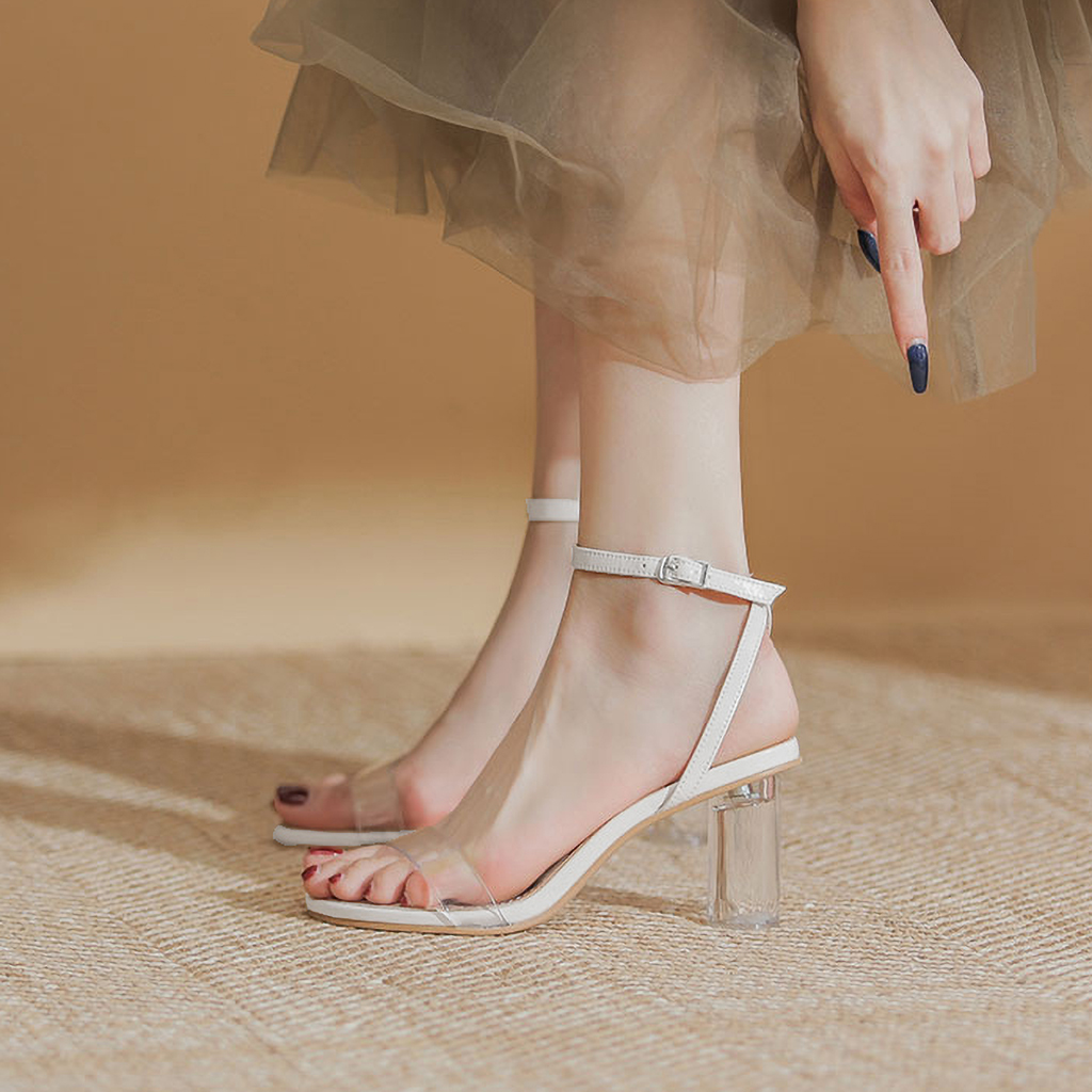 Giày sandal nữ DILY quai mảnh gót trụ tròn trong suốt mũi tròn cao 7.5cm_AA0335