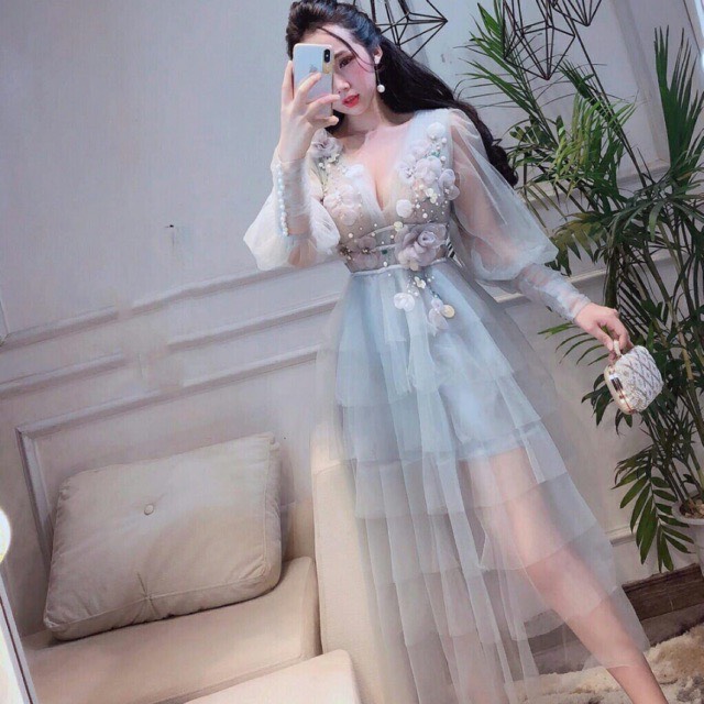 Đầm xoè tay dài lưới tầng xếp kết hoa nổi TIPBLE T DRESS -MS27V-Size S/M/L/XL đến 64kg