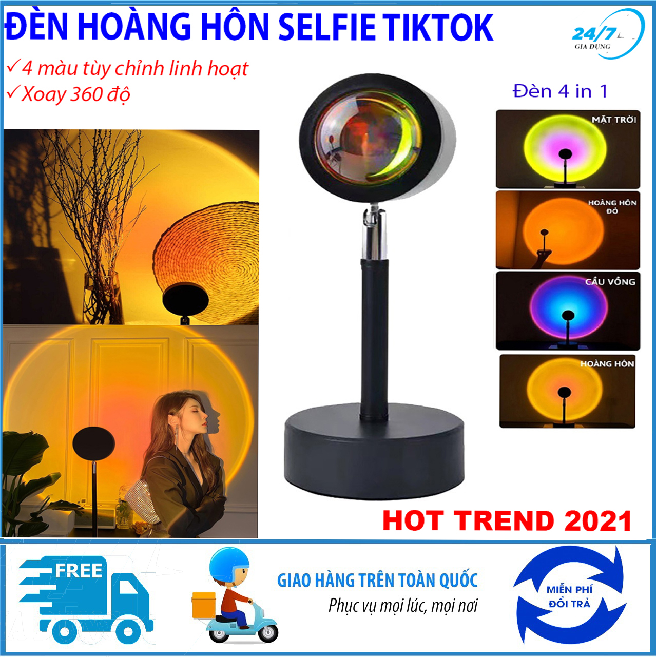 Đèn hoàng hôn Sunset sống ảo Tiktok, đèn Led màu chụp hình Selfie, quay video Tiktok siêu đẹp, đèn chiếu hoàng hôn, mặt trời, cầu vồng ảo diệu chuyển màu linh hoạt , máy chiếu hoàng hôn Sunset cầu vồng - Giadungbv247
