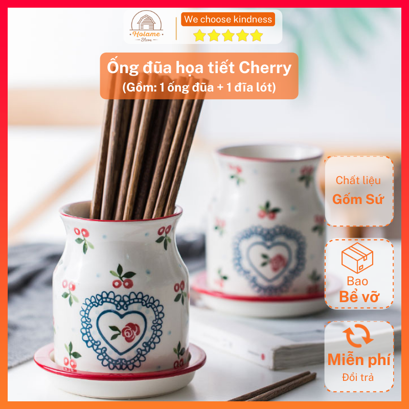 Ống sứ, lọ bằng sứ đựng đũa họa tiết Cherry có kèm đĩa lót