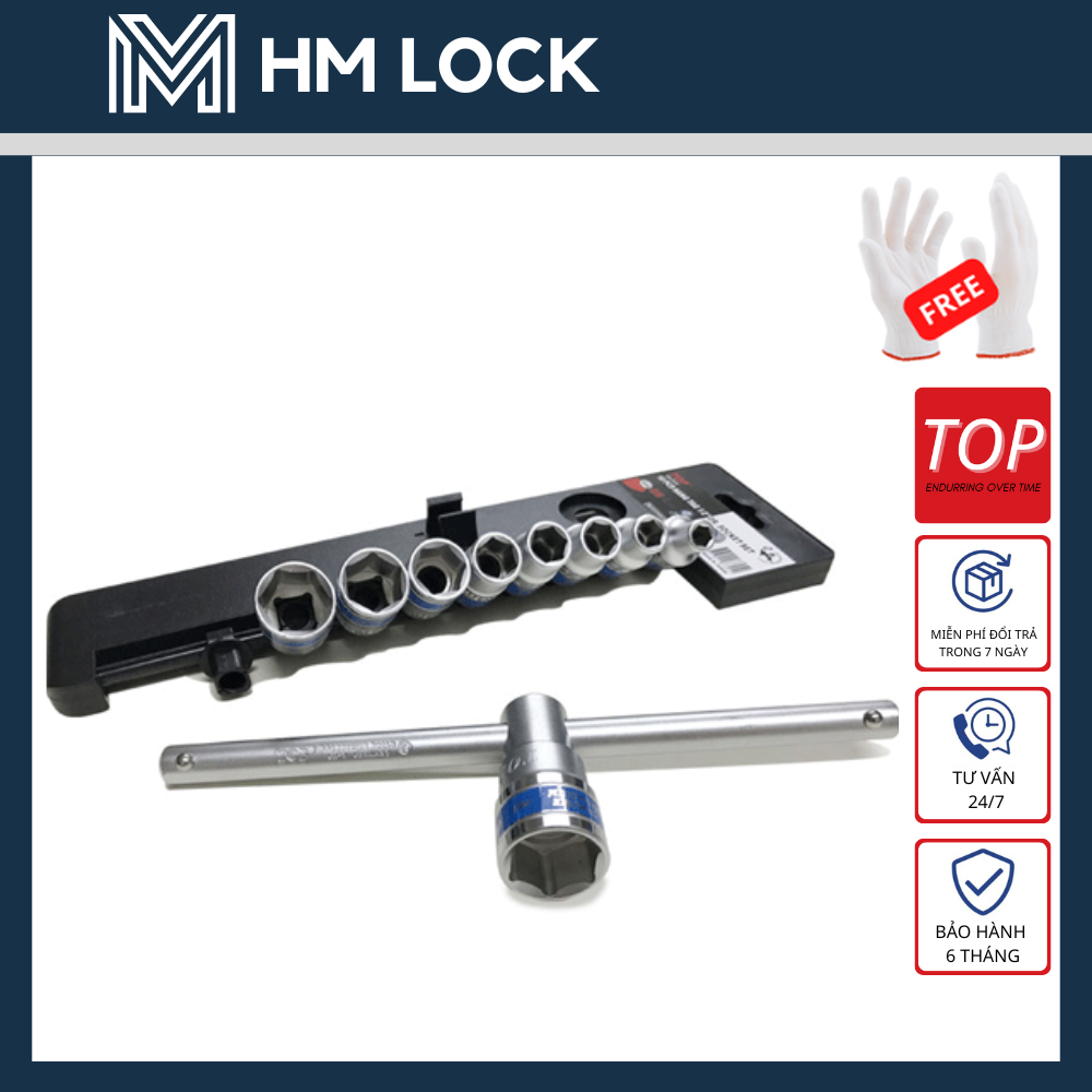 Bộ tuýp 1/2" 10 món cần kéo trượt top - thép cr-v không gỉ cao cấp - hm lock
