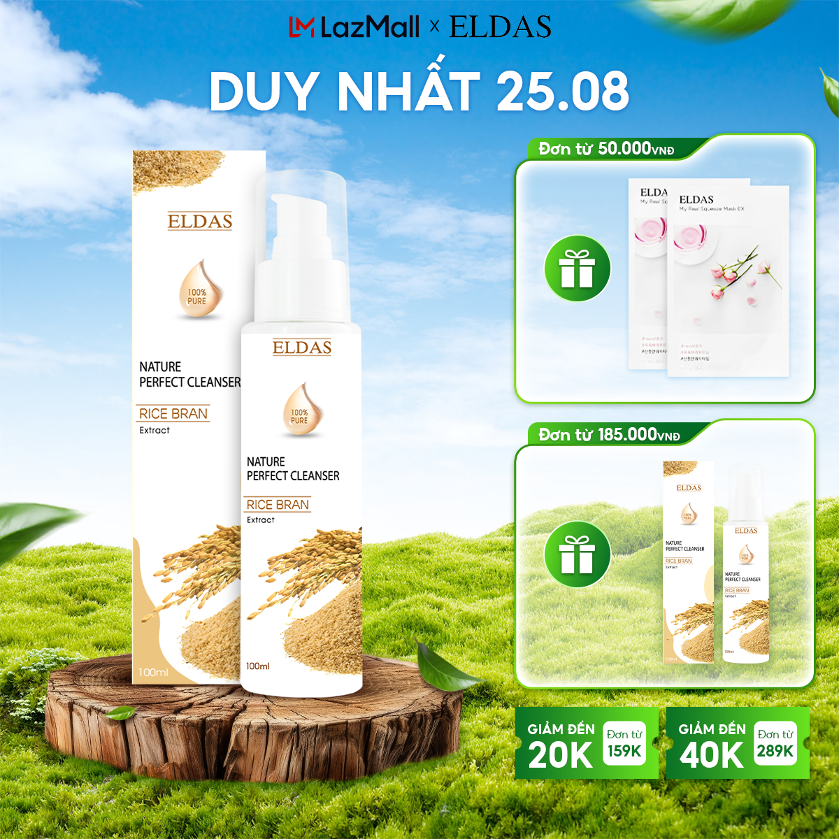 Sữa rửa mặt tinh chất cám gạo hữu cơ tự nhiên giảm nhờn trắng da eldas 100ml/chai