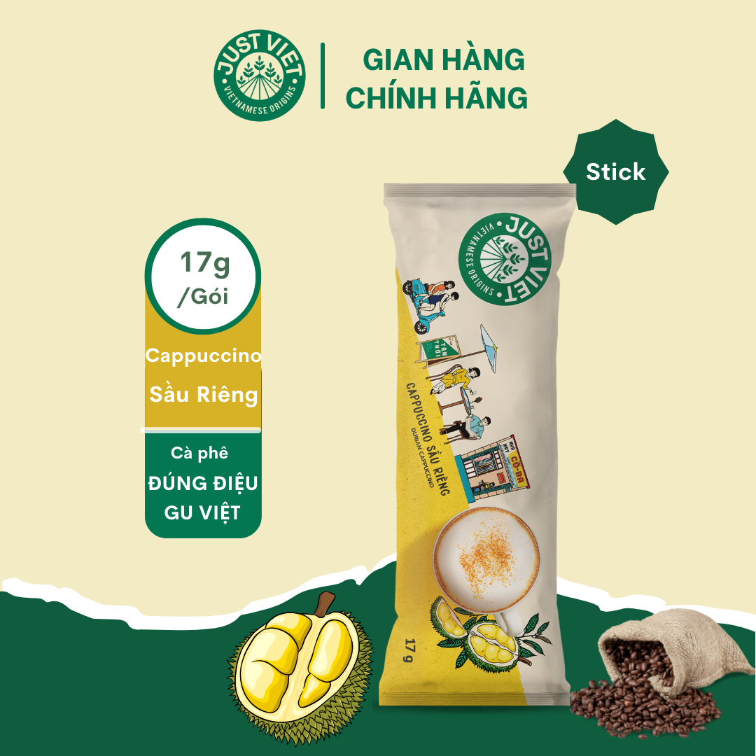 Cà phê cappuccino sầu riêng just viet - đúng điệu gu việt - sánh đậm tự nhiên - 1 gói x 17g