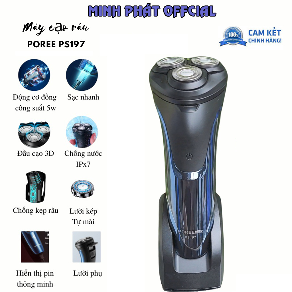 Dao cạo râu điện cao cấp, máy cạo râu Poree PS197, dụng cụ cạo râu chính hãng