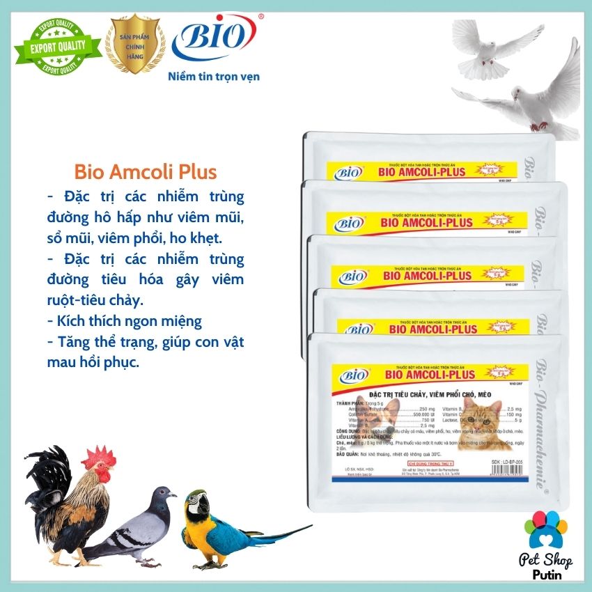 Set 5 gói Bio Ampicoli plus 5 g, Chuyên trị b.ệnh tiêu hóa và hô hấp chó, mèo, thú cưng (thỏ, chuột,…); gà đá, gà kiểng, chim cảnh - Avet Shop