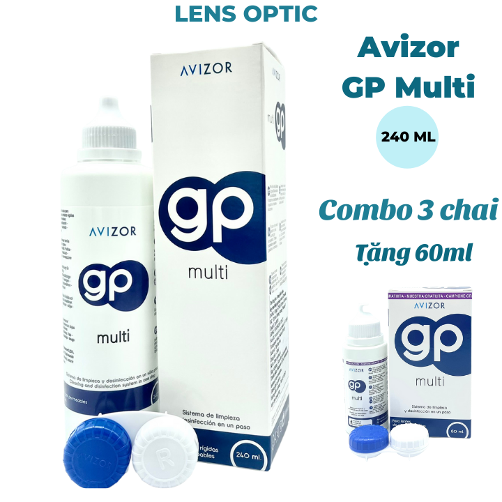 Nước ngâm rửa lens Avizor GP Multi 240ml (combo 3 chai tặng 1 GP 60ml), dung dịch dành cho kính áp tròng cứng, ortho k- Lens Optic